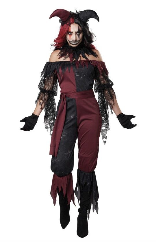 PSYCHO JESTER Harley Quinn Scary Clown Scary Adult Halloween Costume Large.