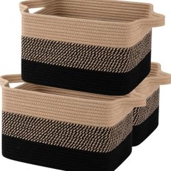 3-Pack Storage Basket, Woven Baskets for Storage, Cotton Rope Basket for toys,Towel Baskets for Bathroom - Black & Brown