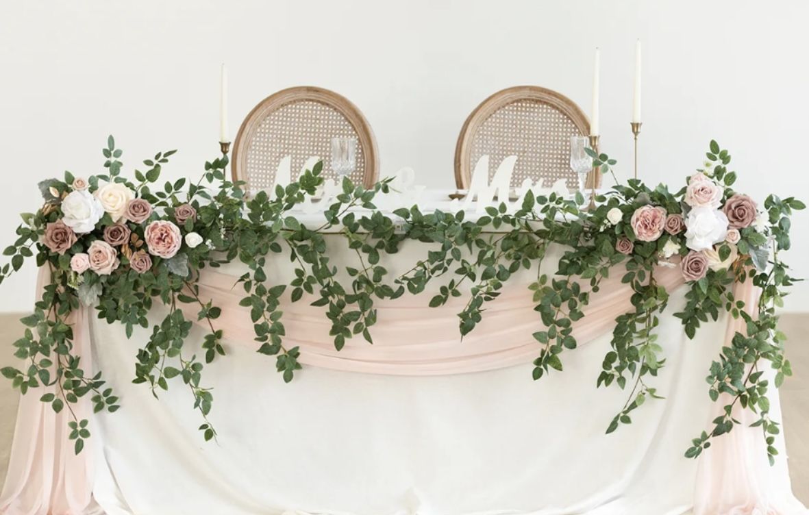 LARGE FLORAL SWAG SET FOR RECTANGLE HEAD TABLE IN DUSTY ROSE & CREAM