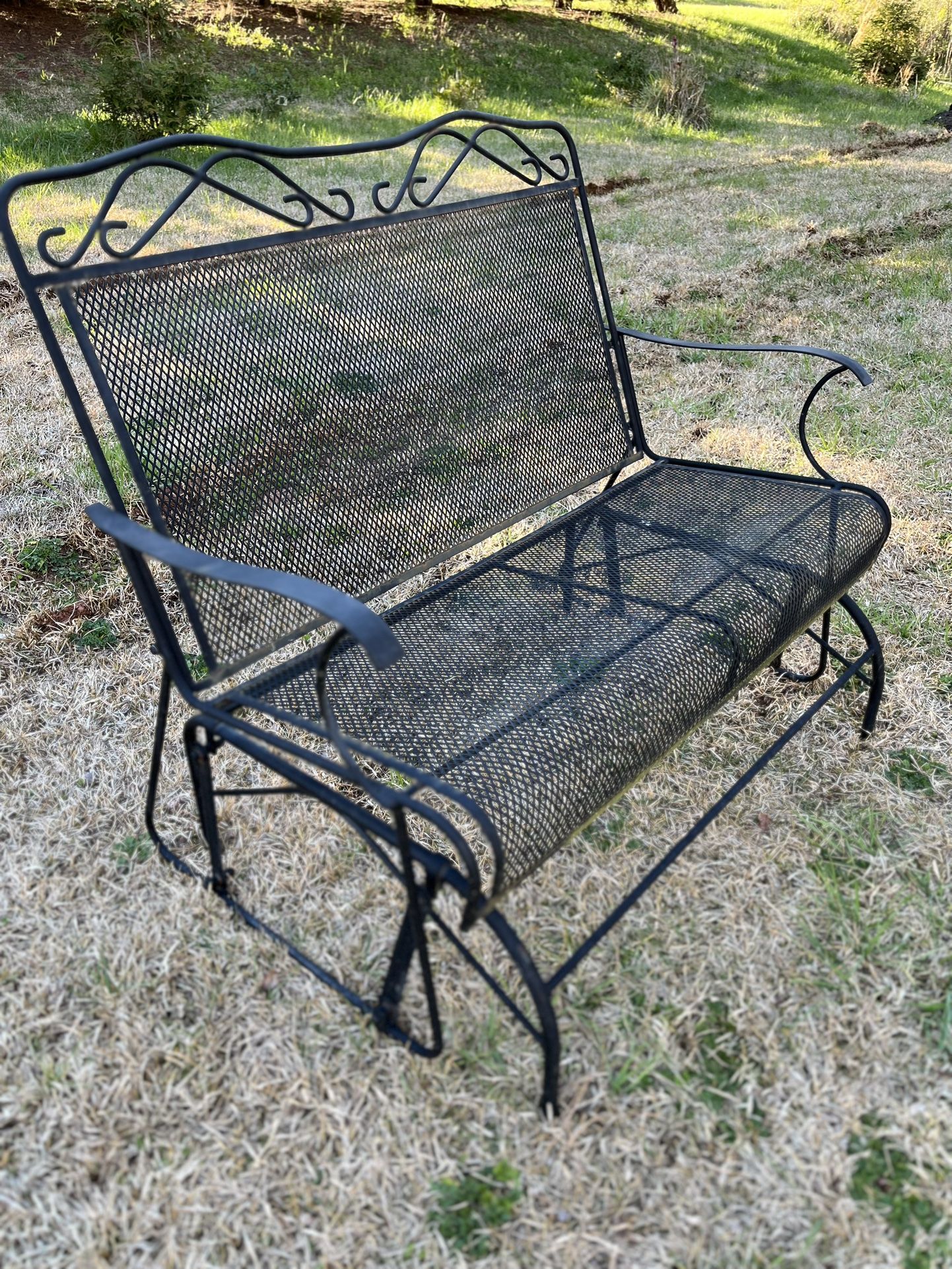 Vintage mid century, modern MCM wrought iron patio porch loveseat glider