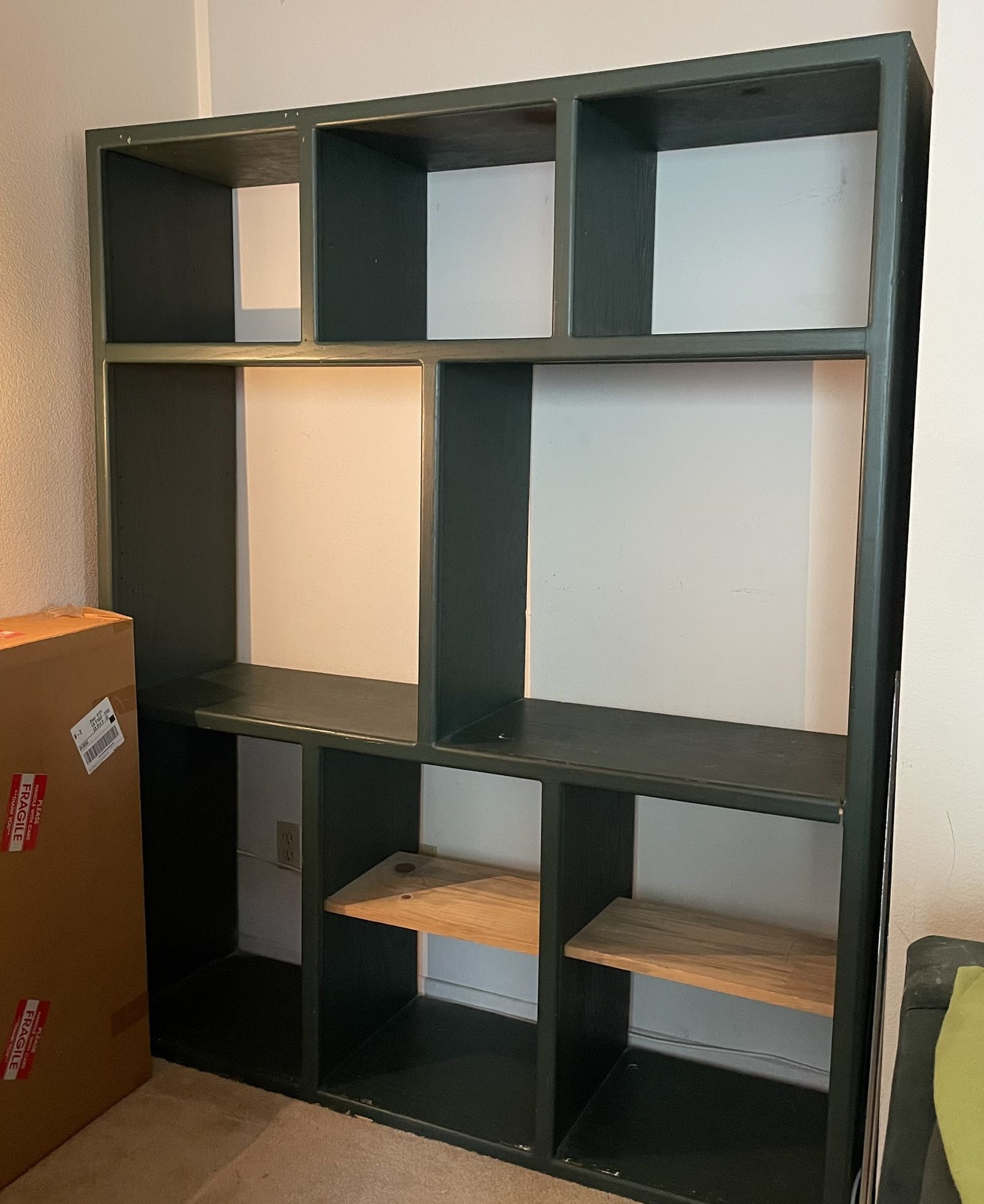 Storage Shelves, Queen Bed Frame, Mattress And Box Spring, Microwave