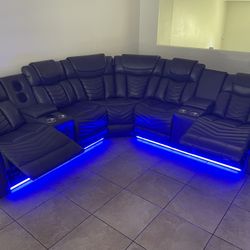Grey Sectional Sofa With Power Reclining Seats + Bluetooth Speaker