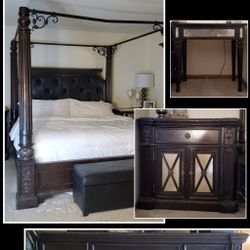 King size bedroom set, Canopy bed, Dresser with Mirror, Nightstand, Bedside Table