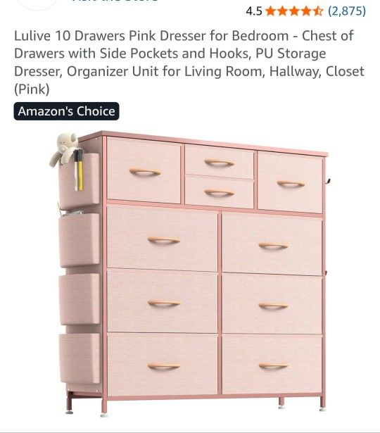 New Open Box Price Is Firm.10 Drawers Pink Dresser for Bedroom - Chest of Drawers with Side Pockets and Hooks, PU Storage Dresser, Organizer Unit