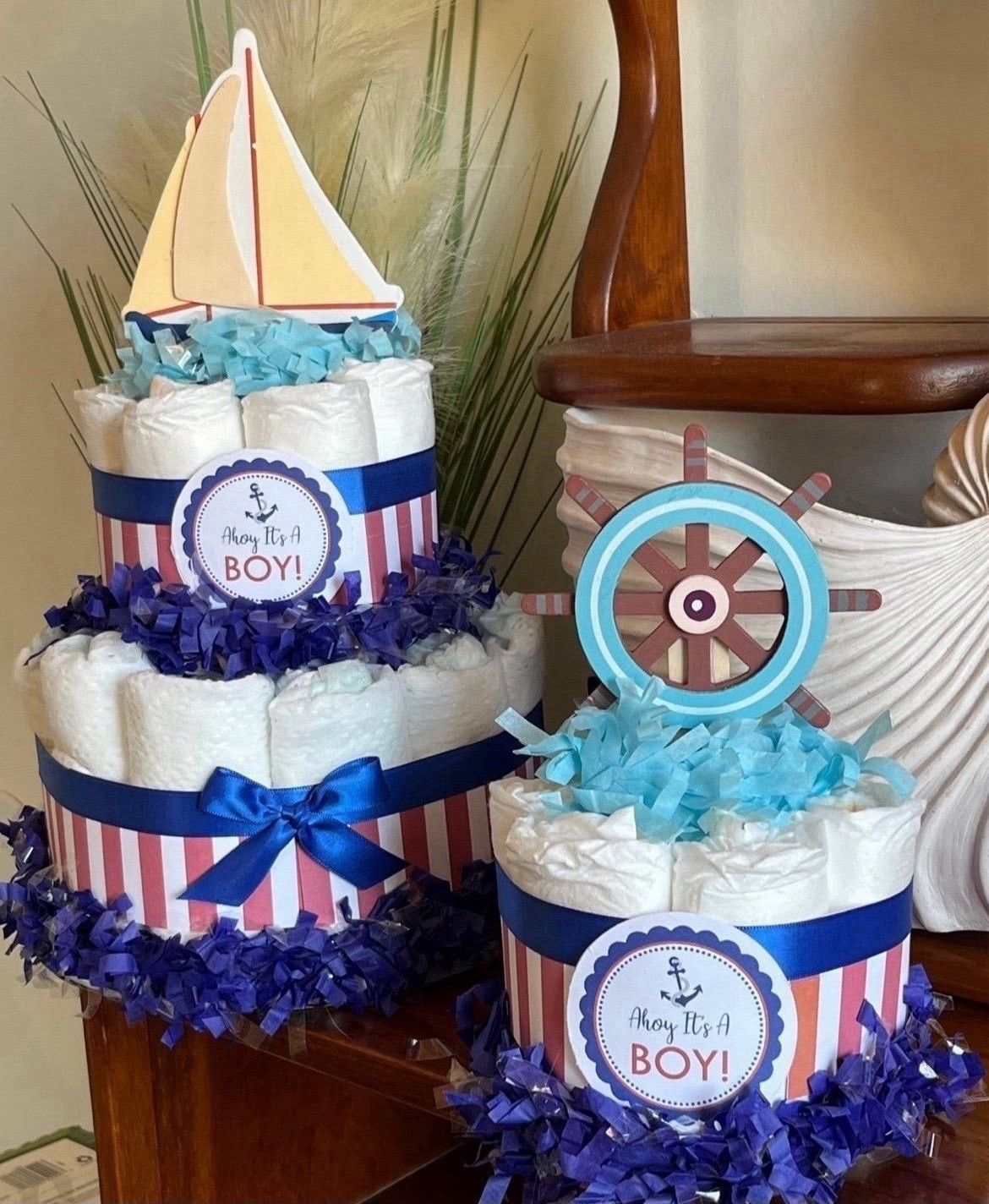 NAUTICAL AHOY IT’S A BOY NAVY BOAT baby shower diaper cake gift