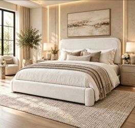 Full Boucle Bed Frame with Adjustable Headboard, Soft Bouclé Upholstered Platform Bed, No Box Spring, Easy Assembled