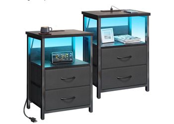 Fixwal Black Nightstands Set of 2, Led Night Stand with Charging Staion