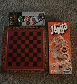 Chess, Jenga, and Poker chips