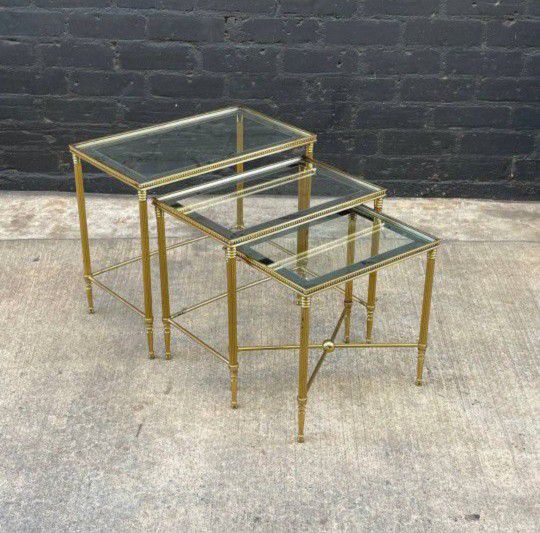 Vintage Brass Italian Hollywood Regency Side Nesting Tables with Glass Tops, c.1960’s-Delivery Available
