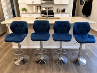 Set of 4 Modern Blue Velvet Adjustable Bar Stools – $300
