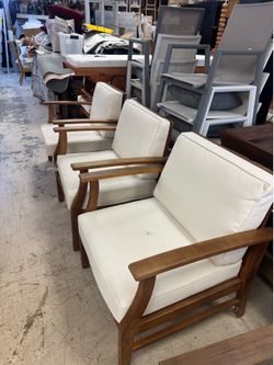 Set of 3 Wood Outdoor Club Chair features a teak-finished frame and cream cushion - Retail: $1295