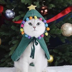 Green Cat Dog Christmas Outfit Cape, Santa Christmas Cat.  (H)