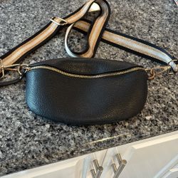 Pebbled leather Italian crossbody with guitar strap