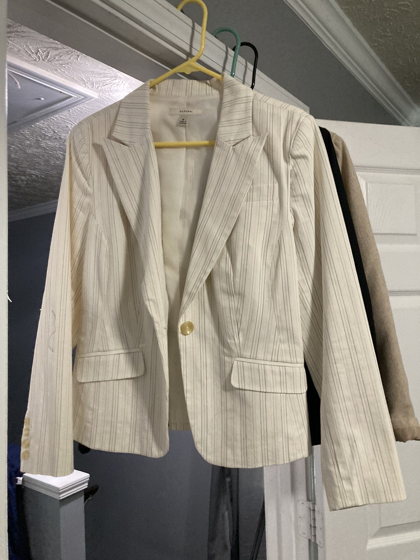 Khaki/green Strip Blazer, Size Medium, 2 Fake Front Pockets 