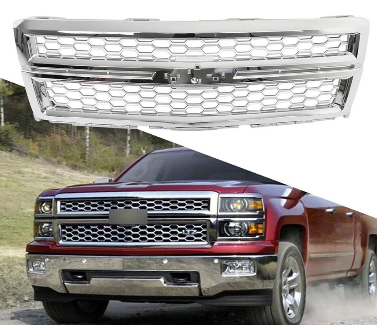 Front Grille 2014-2015 Chevy Chevrolet Silverado 1500 Chrome Silver Hood Grill