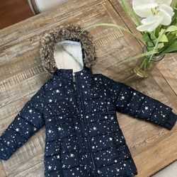 Girls Puffer Jacket Size 5 Small. Navy Jacket With Stars. Only Worn A Few Times