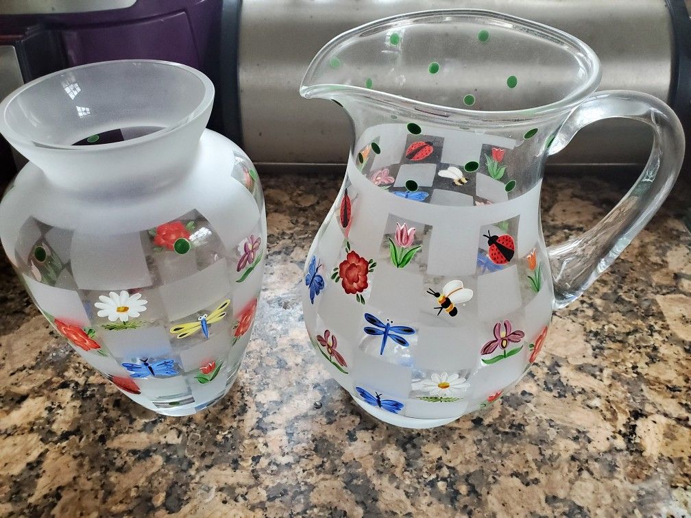 Beautiful local artist hand painted glass vase and matching drinking pitcher