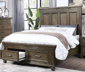 Brown Queen Platform Bed Frame With 2 Storage Drawers