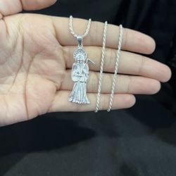 925 Sterling Silver Santa Muerte Grim Reaper Pendant & Rope Chain