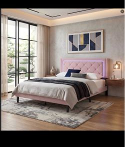 Queen Pink Upholstered Platform Bed Frame with LED Headboard