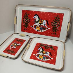 Rocking Horse Vintage Christmas 3 Piece Tray Set Plates. New. In Box 