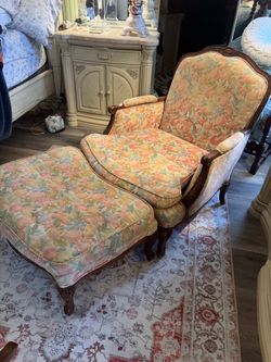 Wide Carved Walnut Frame Vintage French Arm Chair w/ Matching Ottoman Chaise