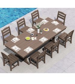 SERWALL 9 Piece Outdoor Dining Set, 84" HDPE Outdoor Table and Armless Chairs Set for 8，All Weather Patio Furniture Set with Umbrella Hole for Backyar