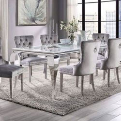 Brand New Glam White Chrome Stainless Steel, Tempered Glass 7pc Dining Table Set