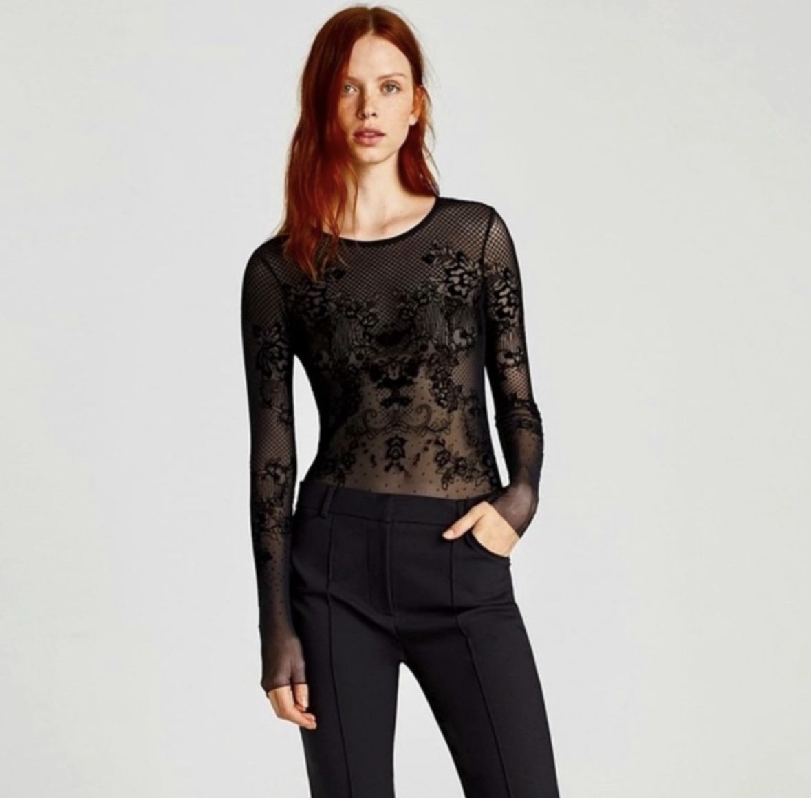 Zara Sheer Velvet Burnout Bodysuit (Size S)