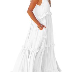 White Summer Sleeveless Halter Neck Tiered Dress Flowy Ruffle Long Beach Maxi Dress Sundress