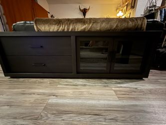 Dark Brown TV Stand with Drawers and Glass Doors