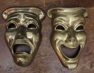 Vintage 2 Brass Comedy Mask Mid Century Wall Hangings 7" tall by 5" wide Solid Brass Mardi Gras Decoration