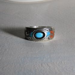 Vintage Sterling Circle J W Sterling Silver Inlaid Ring, Size 10