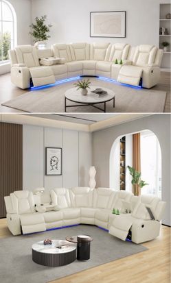 White Faux Leather Power Reclining Sectional with led lights