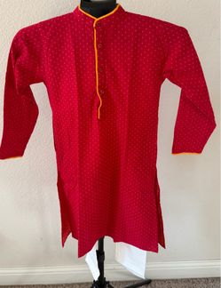 Two Sizes Red cotton kurta Pajama features contrast yellow piping along the placket for Boys/Kids
