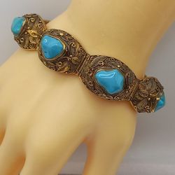 Stunning Ornate  Chinese Sterling Silver Gold Vermeil  Overlay Turquoise Filigree Bracelet 