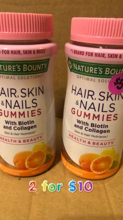 2 bottles of Natures Bounty hair skin and nails with biotin and collagen gummies... new, sealed and 7/21 expiration date You will receive 2 bottles f