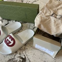 Gucci Slides Women Size 6 Europe 36 White With Red Logo