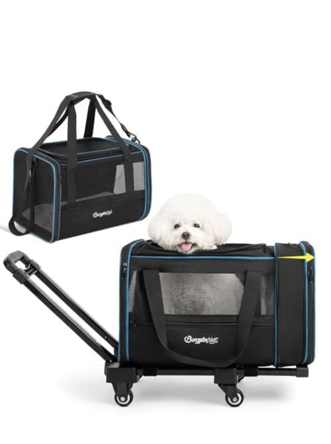 BurgeonNest Expandable Premium Cat Carrier with Wheels - Handle Adjustable Small Dog Carrier- Designed for Dogs and Cats up to 15 lbs - Removable Soft