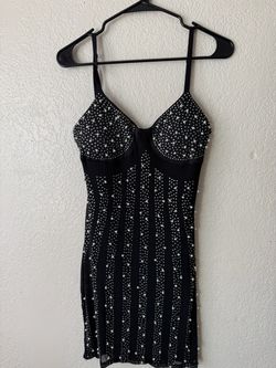 Black Mini Dress with Pearl and Rhinestone Embellishments