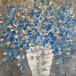 ORIGINAL painting on canvas palette knife impasto textured Blue flowers bouquet, White Vase, On Gray Abstract Art Painting by Susanna shap