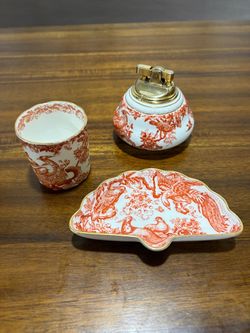 Listing Royal Crown Derby "Red Aves" Cigarette Lighter And Ashtray Cup Set