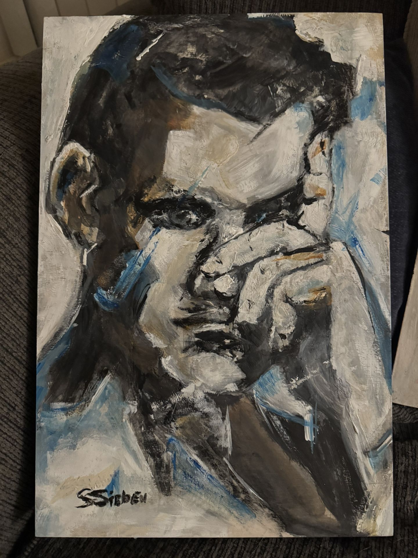 Acrylic on wood panel, signed, ready to hang. Modern, abstract portrait with great texture and detail.