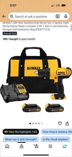 DEWALT 20V Max Cordless Drill Driver Set, 2 Speed, High Performance Motor, Includes 2 XR 1.3Ah Li-Ion Batteries, Charger and Contractor Bag (DCD771C2)