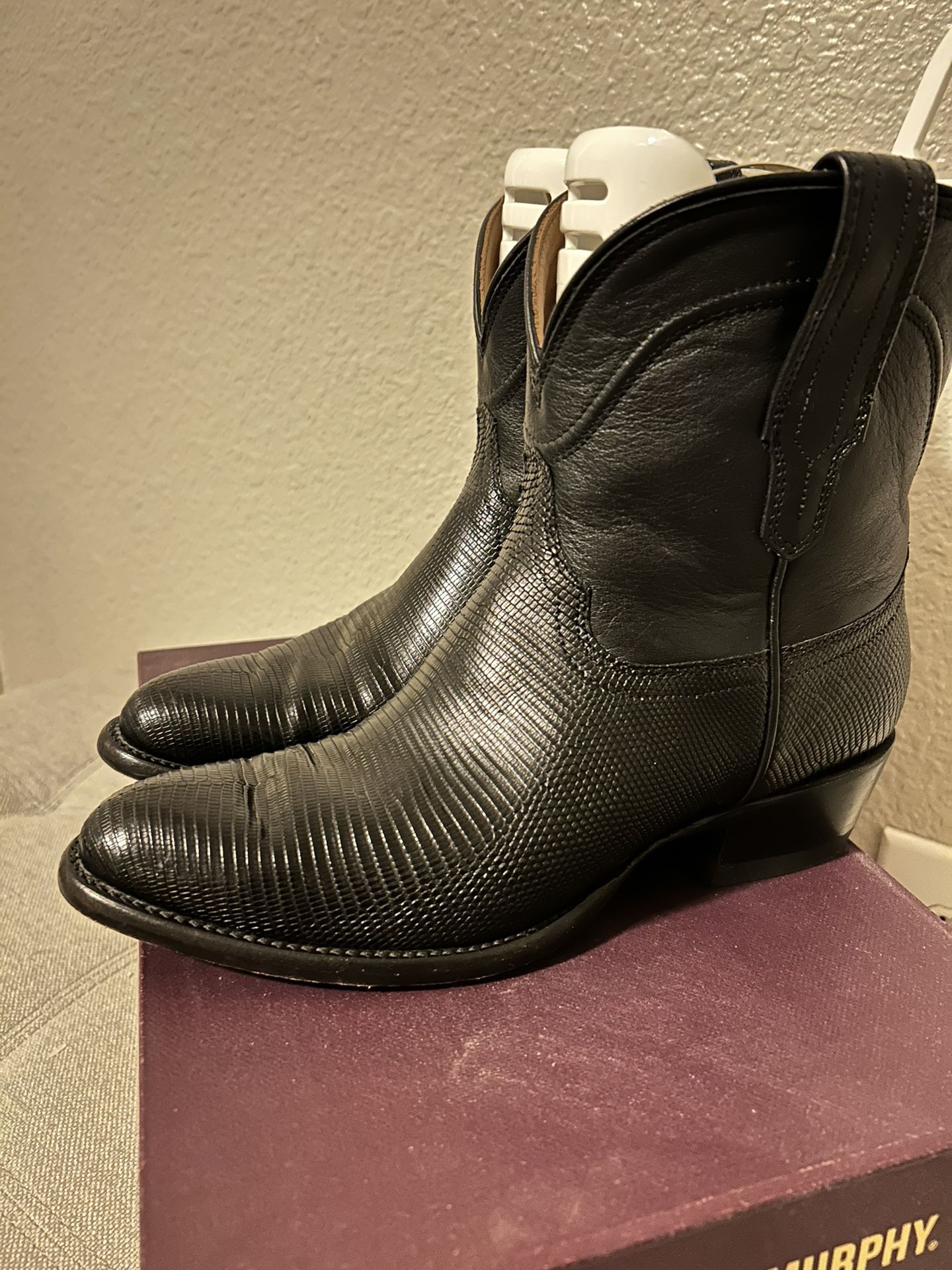 Tecovas “The Casey” Midnight Black Calf & Teju Lizard Cowgirl Ankle Boots 6.5