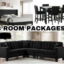 NEW 3 ROOM PACKAGE DEAL- BED MATTRESS DINING ROOM SECTIONAL SOFA AND MORE 