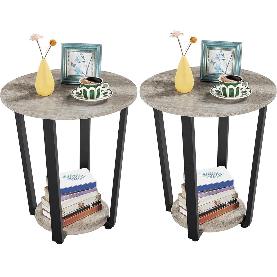 End Table Set of 2, Round Side Table with Storage Shelf & Metal Legs, Small End Table for Living Room Home Office, Accent Furniture, Easy Assemble, Gr