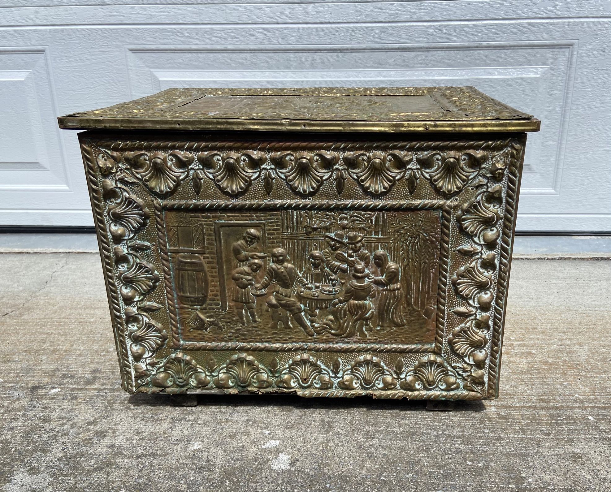 Vintage Embossed Brass And Wood Coal/Wood Box