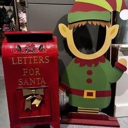 Metal Santa Mailbox And Elf Photo Prop