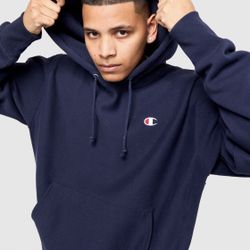 CHAMPIOn REVERSE WEAVE HOODIE, C LOGO NAVY Sz Large